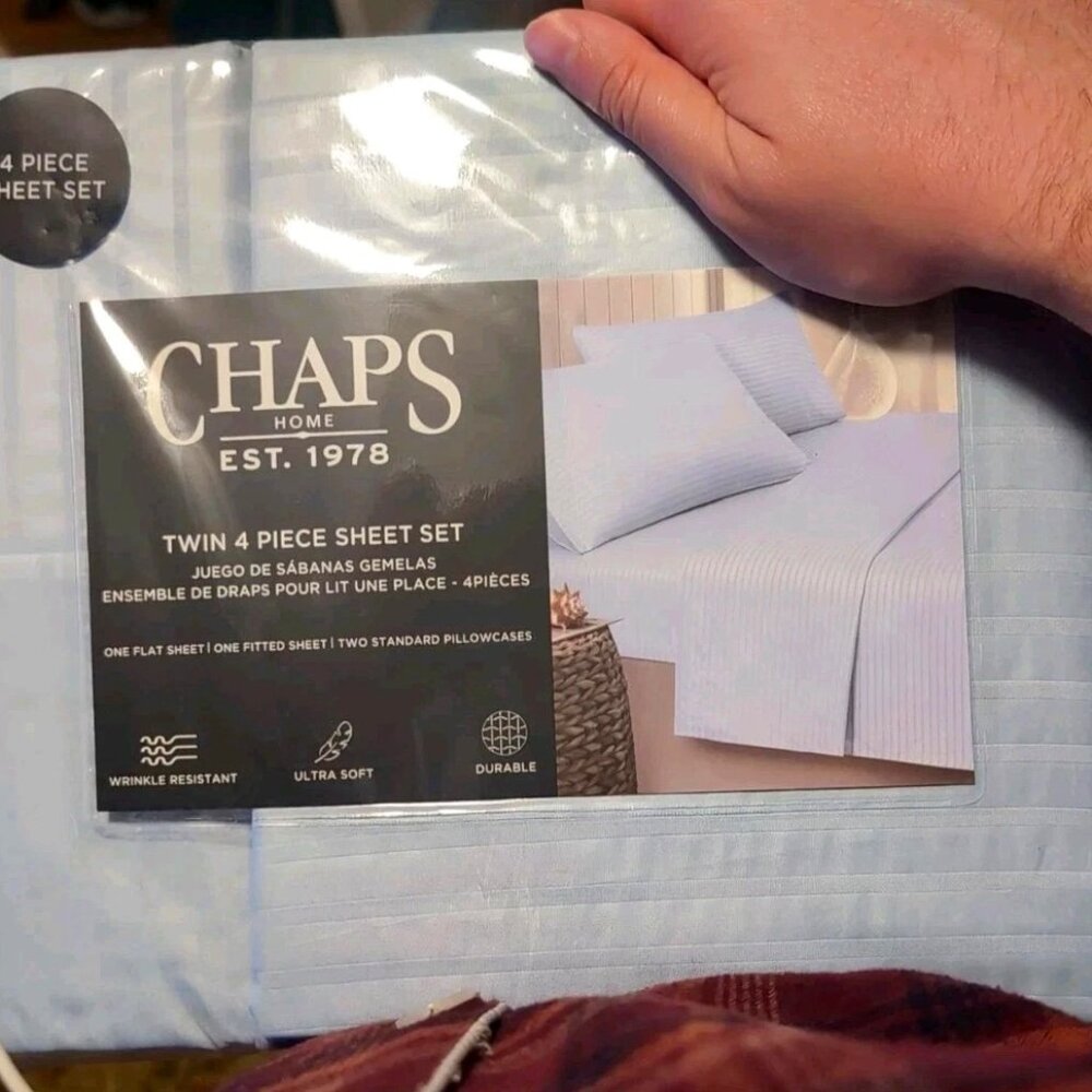 CHAPS by Ralph Lauren Twin Sheet Set w/2 Pillowcases Light Blue+ Texture Stripes
